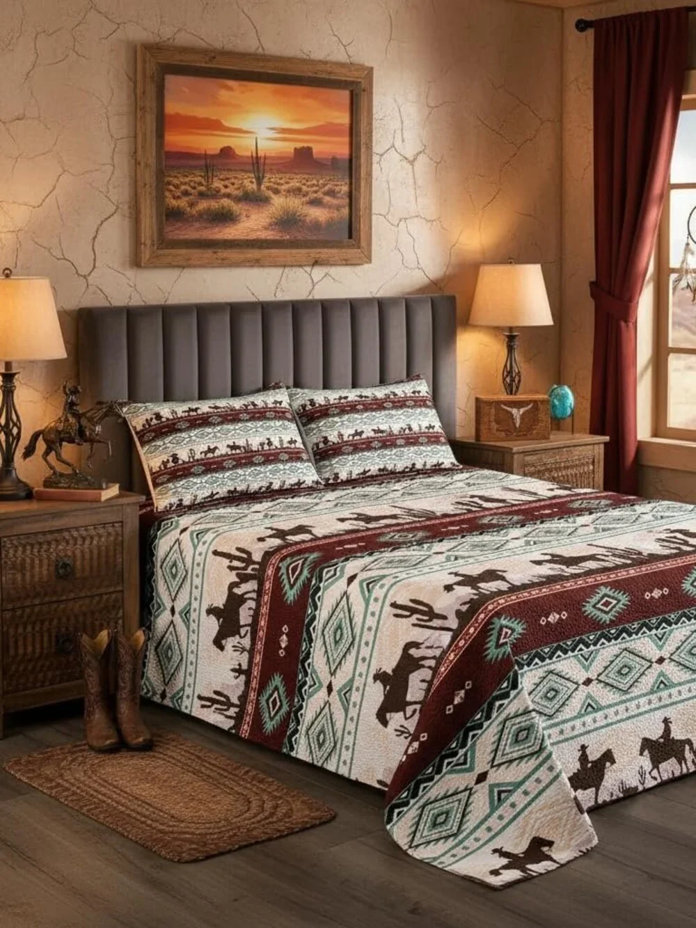 Boho Cowboy Bedding Set King Size Retro Tribal Brown Stripes Bedspread Kids Boys